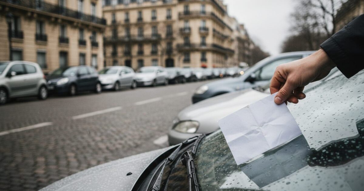 Main retirant un faux avis de stationnement glissé sous l’essuie-glace d’une voiture en ville